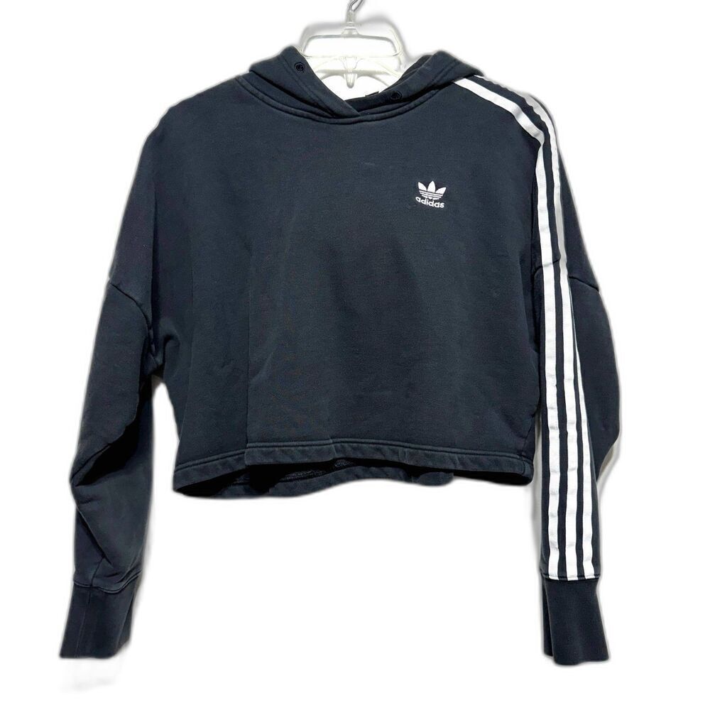 Adidas Hoodie Cropped Sweatshirt Trefoil Stripe Long Sleeve Black Womens size XS